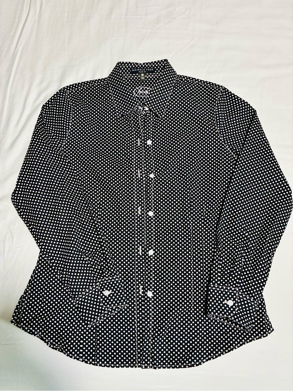 Foxcroft 10 Black & White Polka Dot Wrinkle Free Slim Fit Button-Down Shirt 90s